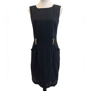 Ellen Tracy Black Eyelet Midi Dress with Gold Details